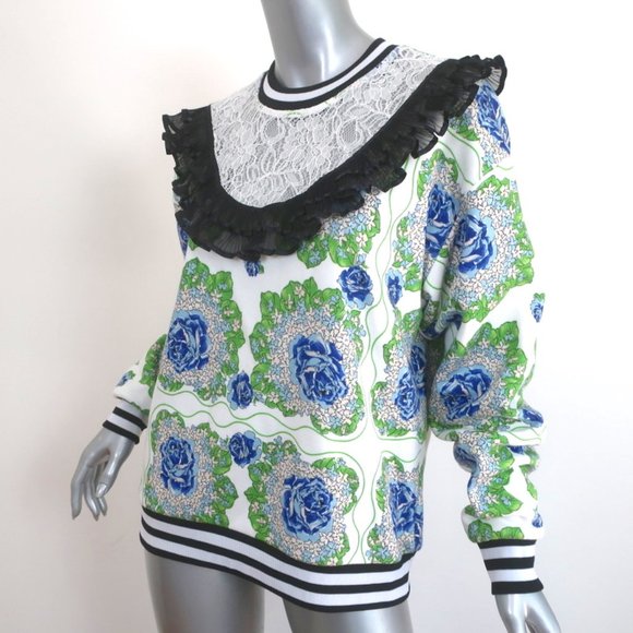 RODARTE RUFFLED LACE YOKE SWEATSHIRT WHITE/BLUE FLORAL PRINT SIZE EXTRA SMALL - Picture 5 of 10